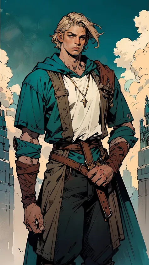 A young man with messy sky-blue short hair, a headband tied around his forehead, handsome face, calm expression, ((a fantasy-style short-sleeved robe coat with a unique half-side design, a green undershirt underneath)), an archers wrist guard, a cloth belt...