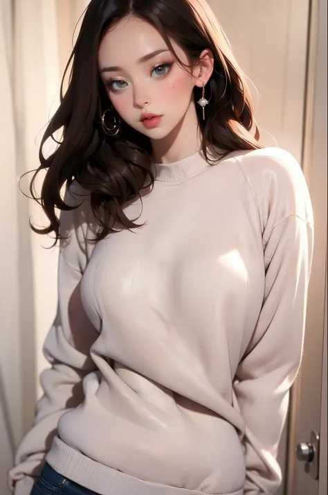 girl, long brown hair, gray eyes, cold features, white skin, orange lips, soft and thin, sweater