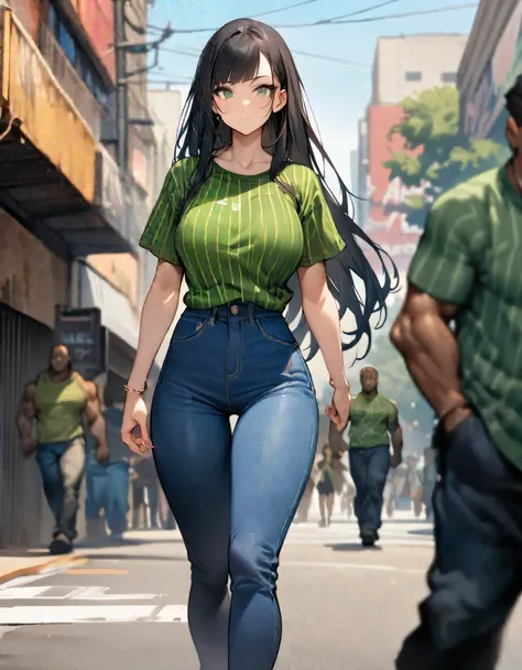 masterpiece, highest quality, solo, solo focus, (perfect face:1.1), (high detail:1.1), 1girl, mature lady, tall body, age 26, street brawler, los angeles street backdrop, (black hair, long hair, right side bangs), green eyes, green striped t-shirt, blue je...