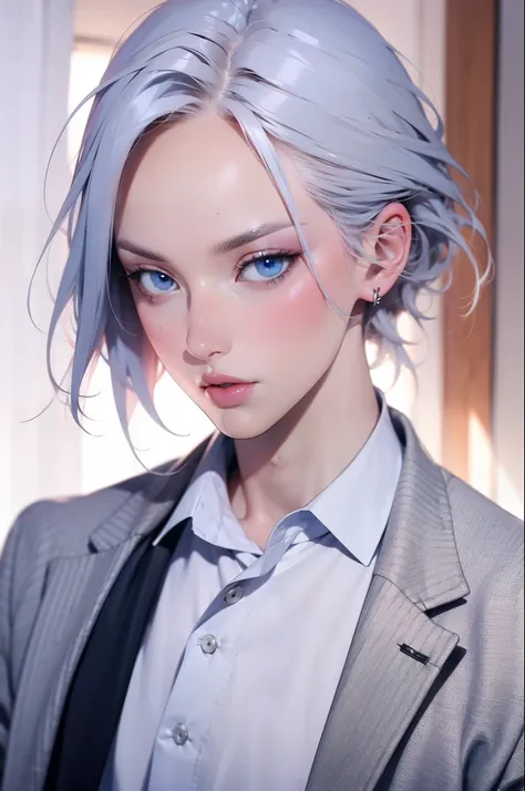 boy, silver hair, blue eyes, serious sharp features, white skin, sweater, formal jacket