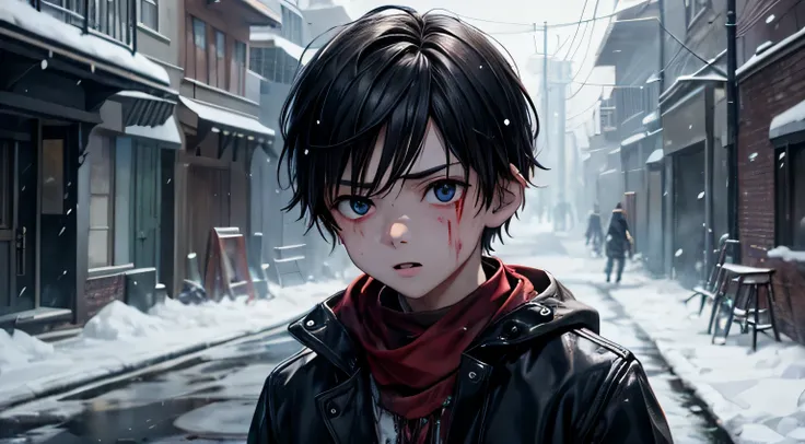 Alley　Dirty appearance　Little Boy　Bloody Face　Bloody clothes　Shivering from the cold　It&#39;s snowing　The rats are boiling　Detailed facial expression depiction　Detailed depiction of clothing