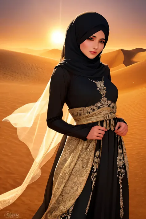 Best quality, high resolution, Masterpiece: 1.3, Beautiful hijabi girl with niqab and veil, Wearing satin abaya and leather armor, Masterpiece, Mysterious allure, Realistic, 1girl, Elegant demeanor, Charming eyes, hidden smile, profound gaze, Detailed abay...