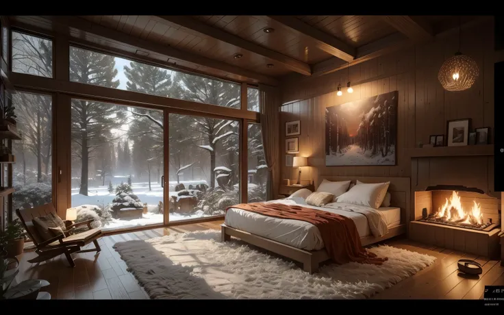 Arav bedroom with fireplace，Large windows overlooking the snowy forest, Warm interior, Comfortable room, Warm interiors, Comfortable environment, vray 8k Rendering, cozy place, Comfortable and peaceful atmosphere, comfortable and calm, Designed for comfort...