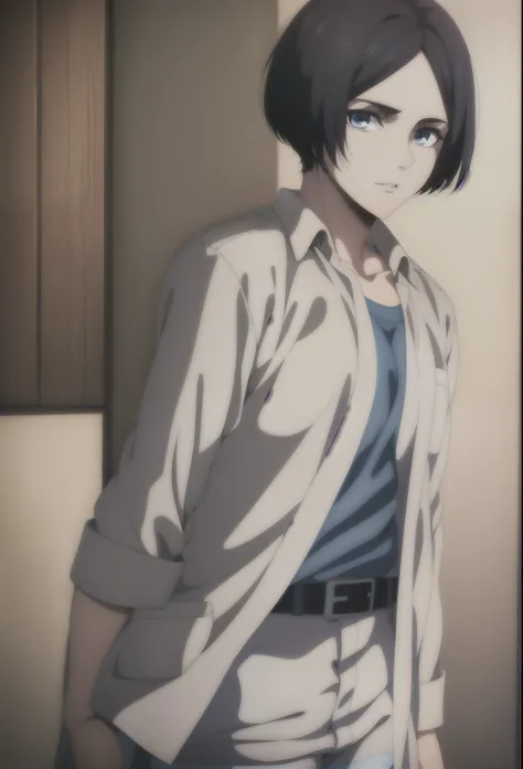 mappastyles4,best quality, masterpiece, official art, a woman, short black hair, blue eyes, wearing a light-blue shirt, belt, indoors