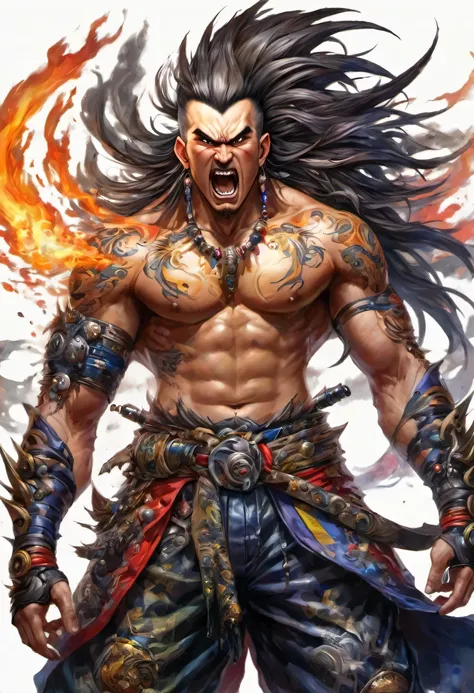 Draw a crazy Mohawk man in the wilderness,insane,Mohawk,Shaving,Hair that stands on end,I have a tattoo,Laughing with your mouth open,Sticking out tongue,Im delighted,fun,Super fun,fin de siècle clothing:The world of Fist of the North Star,Villain,Evil lau...