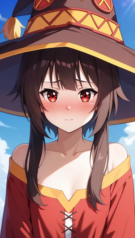 score_9, score_8_up, score_7_up, intricate details,
1girl, solo, Megumin, red dress, red eyes, witch hat, nose blush, shy, looking at viewer,