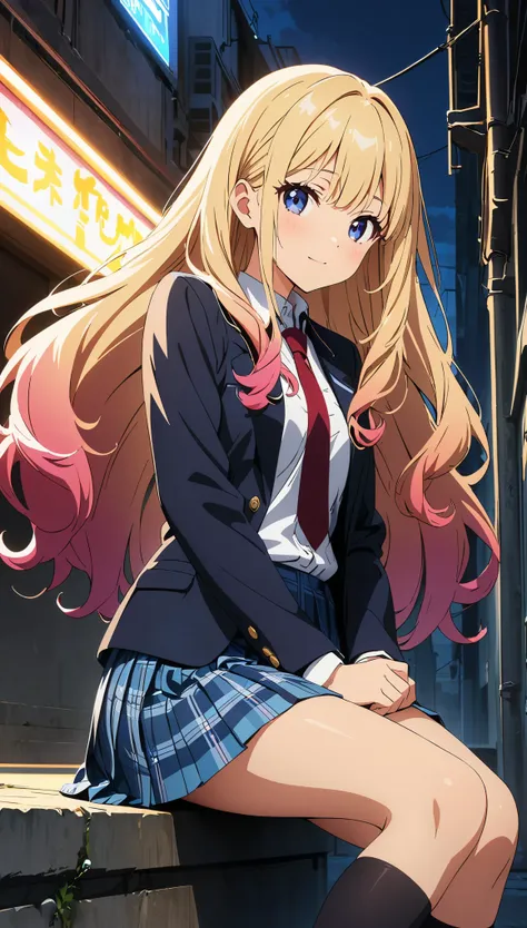 (highest quality:1.2, Anime artwork, Anime Style, Studio Anime, Very detailed, Latest, Vibrant, Anime Coloring, High Contrast, masterpiece:1.2, highest quality, Best aesthetics), Blue plaid pleated skirt:1.5, Red tie:1.5, Black blazer, (Private School Unif...