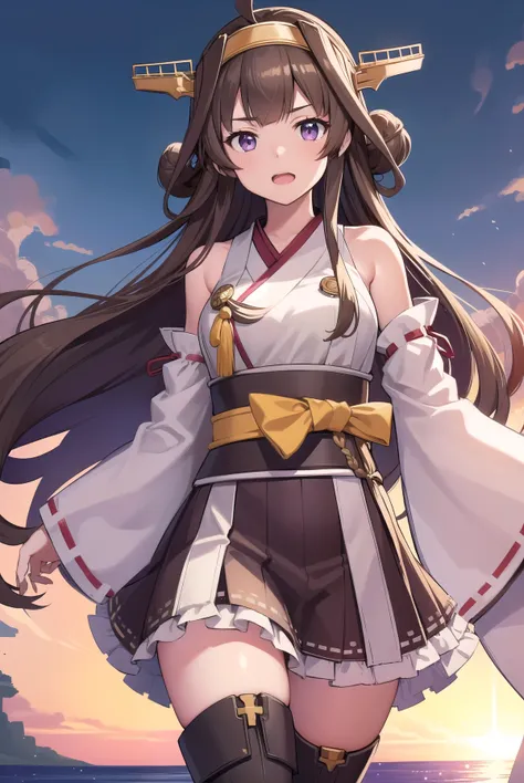 艦これコンゴウ, kongou, アホ毛, 茶髪, ダブルグッド, ヘアーバン, ヘアバンド, ヘッドギア, 長い髪, (紫色の目:1.1), 
壊す boots, 取り外し可能な袖, 和服, 非伝統的な巫女, リボントリム, リボンで