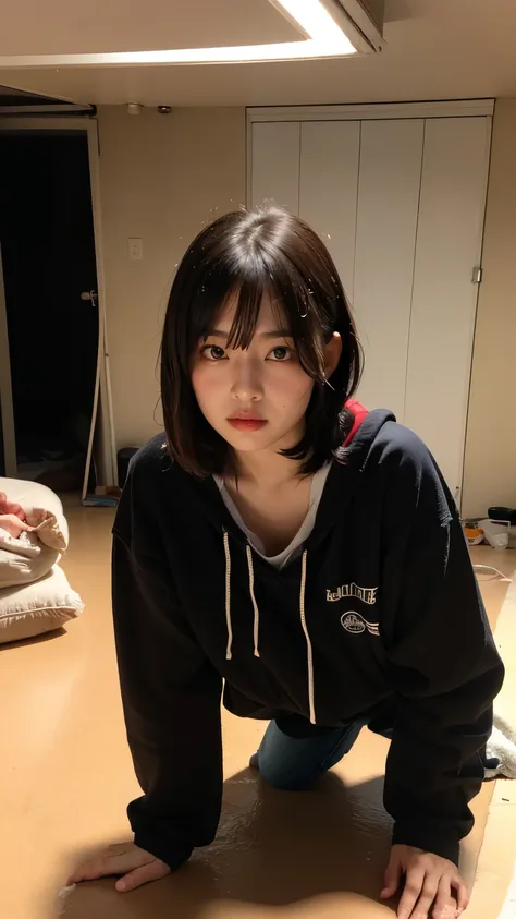 18-year-old,Korean women,((((In a dark basement)))),(((imprisonment))),(((torture))),(((Frowning,カメラをGlaring))),(Very fine eye),((Tired and unable to move)), (((Wearing a long black down jacket,Wearing baggy pants))),(((Wearing soot-stained clothes. The su...