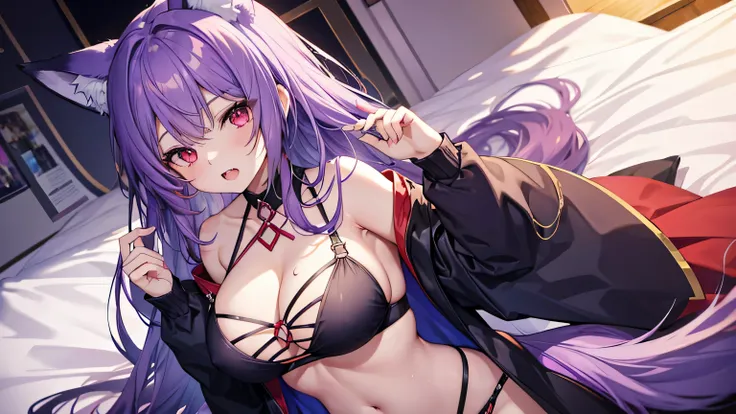 Fox Girl, Large Breasts, voluminous purple hair, masterpiece , Red eyes, hd, Head to Chest, buried in my chest、Underboobs、Double teeth,, On the bed