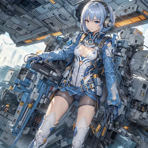 (masterpiece、highest quality、Highest Resolution、Clear_image、Detailed details、Angle from above): (Whole body、One 20 year old girl、Japanese Faces、Small Face、Slender、Navy blue super short bob cut hair、(Hidden small breasts:1.3)、Sparkling blue eyes、Shiny pilot...