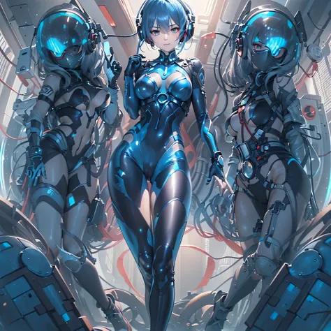 (masterpiece、highest quality、Highest Resolution、Clear_image、Detailed details、Angle from above): (Whole body、One 20 year old girl、Japanese Faces、Small Face、Slender、Navy blue super short bob cut hair、(Hidden small breasts:1.3)、Sparkling blue eyes、Shiny pilot...