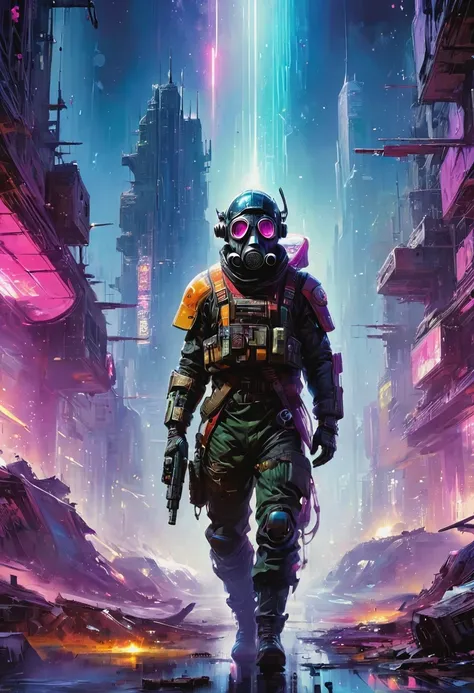 an araf man wearing a gas mask walks through the destroyed city，skyline of a dense and sprawling city in a grunge world, cyberpu...