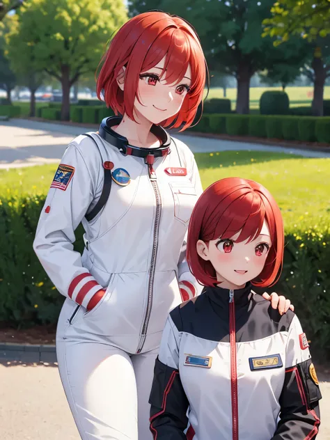 1 adult woman,woman,adult,30 years old,Red hair,Blush, smile,looking away,red eyes,astronaut uniform, short hair,Stand, in the park, ultra detailed,ultra Hd