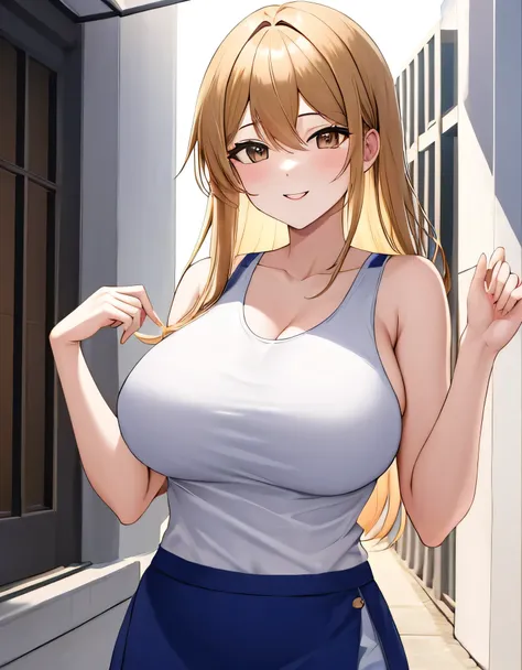 masterpiece、highest quality、High resolution、Blonde、bangs、Long Hair、髪 between eyes、Brown eyes、Big Breasts、A woman with very large breasts、White tank top、Skin tight tank top、Blue mini skirt、Tight Skirt、tank top with an white、Cowboy Shot、looking at viewer、Are...