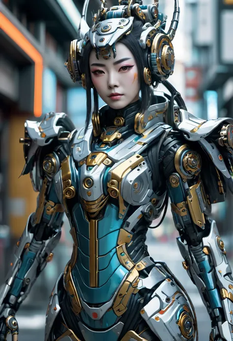 Android, geisha, withroboticparts, inflowerykimono, sci-fi suit, wearing a cyberpunk style, intricate details, (Artstation:1.1), (intricate:1.1), (great eye detail:0.7), solo, female, looking at viewer, photorealistic, 8k, unreal engine, half body portrait...