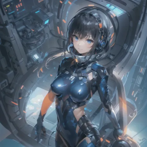 (masterpiece、highest quality、Highest Resolution、Clear_image、Detailed details、Angle from above): (Whole body、One 20 year old girl、Japanese Faces、Small Face、Slender、Navy blue super short bob cut hair、(Hidden small breasts:1.3)、Sparkling blue eyes、Shiny pilot...