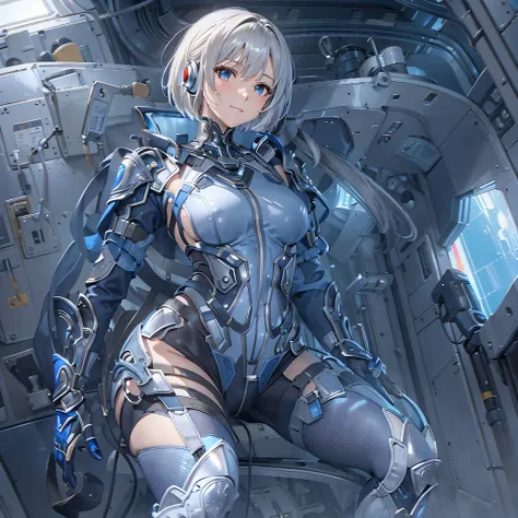 (masterpiece、highest quality、Highest Resolution、Clear_image、Detailed details、Angle from above): (Whole body、One 20 year old girl、Japanese Faces、Small Face、Slender、Navy blue super short bob cut hair、(Hidden small breasts:1.3)、Sparkling blue eyes、Shiny pilot...