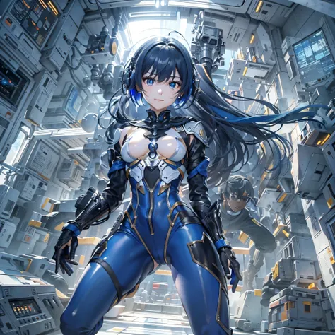 (masterpiece、highest quality、Highest Resolution、Clear_image、Detailed details、Angle from above): (Whole body、One 20 year old girl、Japanese Faces、Small Face、Slender、Navy blue super short bob cut hair、(Hidden small breasts:1.3)、Sparkling blue eyes、Shiny pilot...