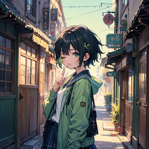 (masterpiece:1.2), (highest quality:1.2), Ultra-high resolution, Super detailed, Character Sheet, Perfect Eyes, Perfect Face, Perfect lighting,((Anime girl on her way to school)), shoot from above, happy, tongue out, one eye closed, wink, Surreal girl, (1 ...