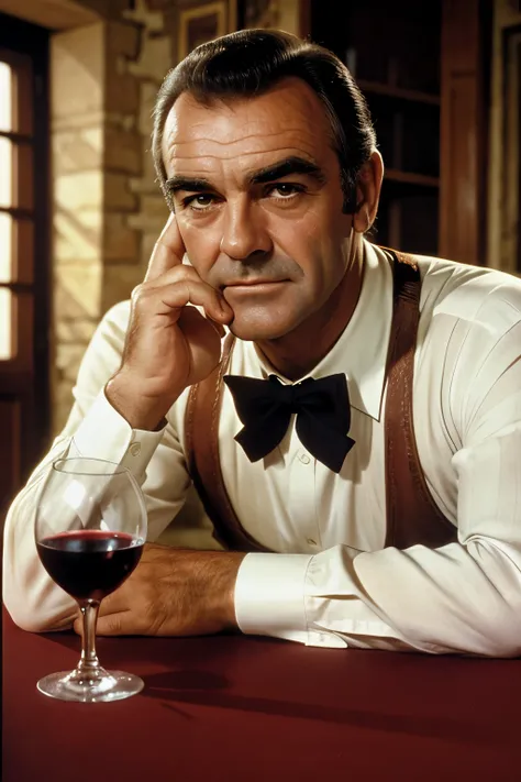 Perfect face,young,Sean Connery,sitting at the table,glass with red wine, spaghetti,background Tuscany Chianti,