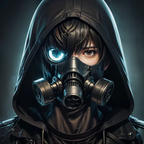 man with black hoodie, black choir outfit, broken black toxic gas mask with helmet, blue left eye, straight hair with only the bangs showing, his eyes are red and represent a look of evil inspired by the vector characters from Resident Evil and Kira from D...