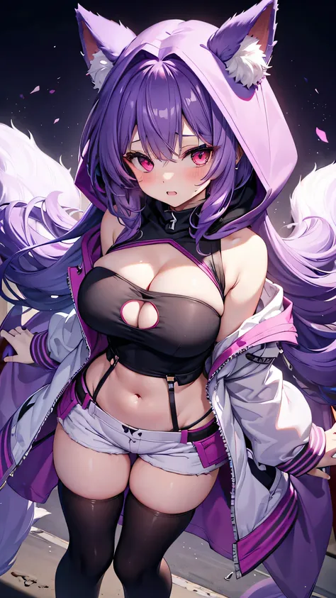 Fox Girl, Big Breasts, Voluminous purple hair, masterpiece , Red eyes、Double teeth、tooth、Blushed cheeks、 hd, Head to Chest, buried in my chest、Underbust、Cleavage、hoodie、hot pants、Black knee socks