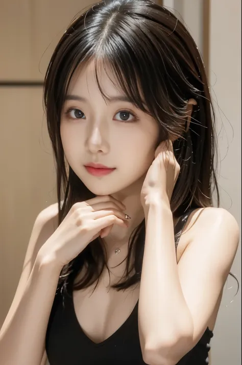 16 years oldの少女, highest quality, masterpiece, girl, Black Hair, 黒のショートパンツhighest quality, masterpiece, (8k, RAW Photos, highest quality, masterpiece: 1.2), Super detailed, Super Resolution, (Genuine, Genuine photos: 1.37), Plain black tank top, Photoreali...