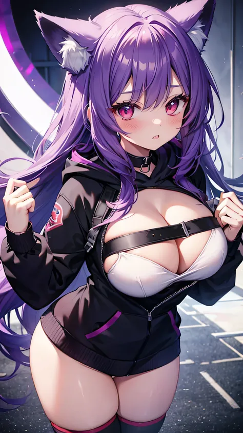 Fox Girl, Big Breasts, Voluminous purple hair, masterpiece , Red eyes、Double teeth、tooth、Blushed cheeks、 hd, Head to Chest, buried in my chest、Underbust、Cleavage、hoodie、hot pants、Black knee socks