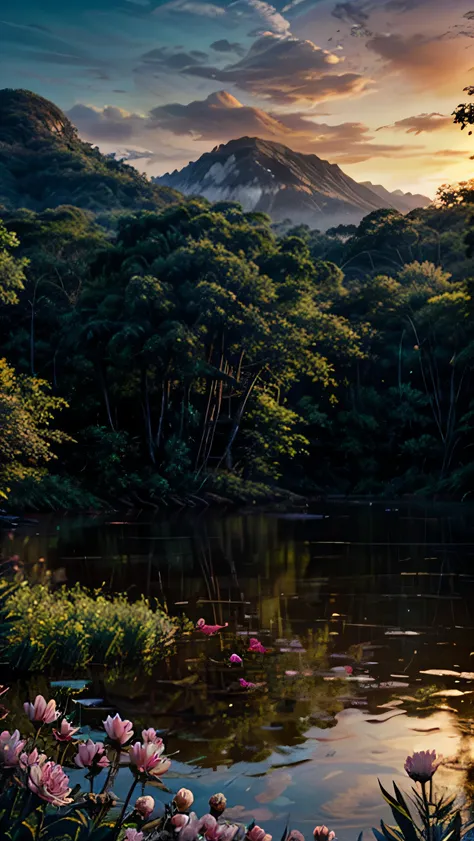 Rainforest at dusk，pond，flowers，Pixar movie style, best quality, movie stills, 