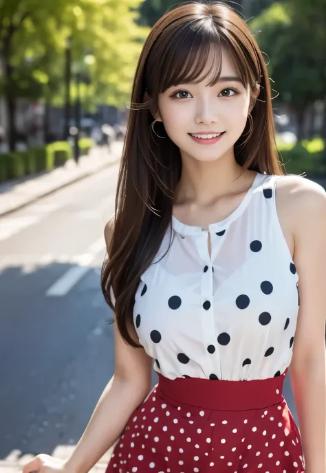 (masterpiece, best quality:1.1), (8k, raw photo, photo realistic:1.2, f22), (shiny skin), detailed skin,long hair,detailed face, detailed eyes, smile,BREAK, real world, intricate details, smil, BREAK, 1girl, (Polka dot pattern,skirt), BREAK, (city:1.4), BR...