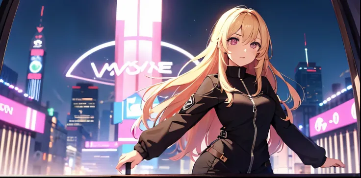 　1 Girl, Blonde, Pink Eyes, Very long hair, long sleEve, ((masterpiece)), (highest quality), Eve,  (whole body), City of night，Overall details, 