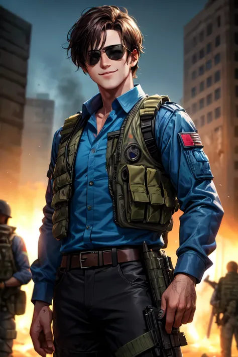 ((Best quality)), ((masterpiece)), (detailed), perfect face, A guy with dark brown hair in a blue Hawaiian shirt in a bulletproof vest and sunglasses stands in the middle of a zombie apocalypse, smiling, Dust, zombies, a man with black hair, a disgruntled ...