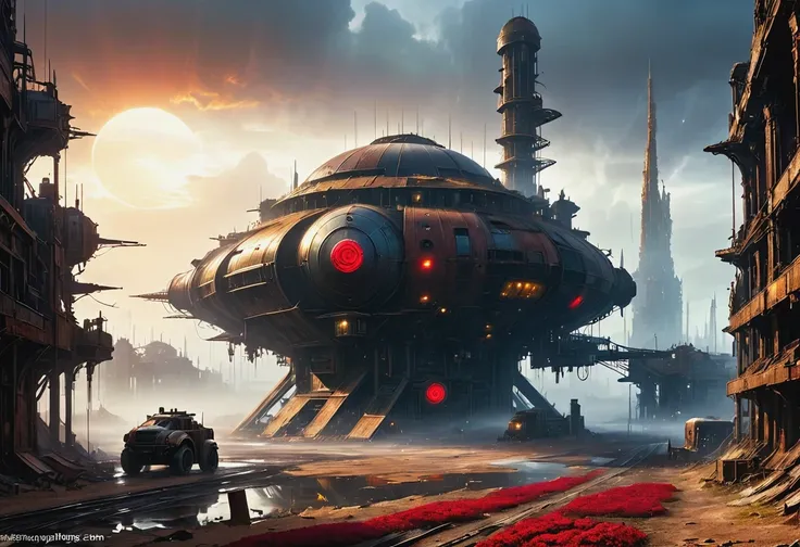 A beautiful red rose blooms in the center of a deserted city covered in ruins and yellow sand, dawndrops, dawn, subtle rays of sunlight, There are many rusty structures in the air,Destroyed large radar，Abandoned space station base， scenic Dystopian environ...