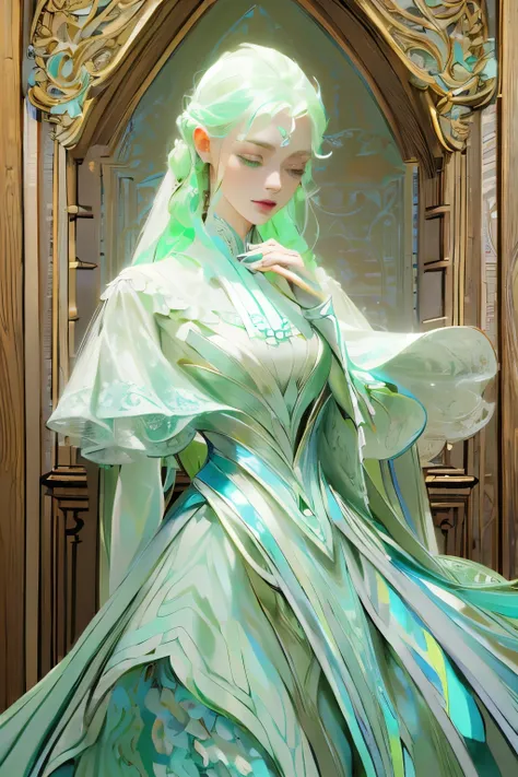 ((High quality work)), Clean and simple lines, The green dress and beautiful ruffled lace complement each other, Enriches the layering of the entire picture, Elegant Edwardian lace dresses and princess dresses add a lot of color to the characters, Gesture ...