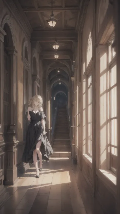 Inside the dark spiral staircase,the stair made of wood,one woman 20years old,short blonde hair,the woman is standing on the stairs,(woman close up)