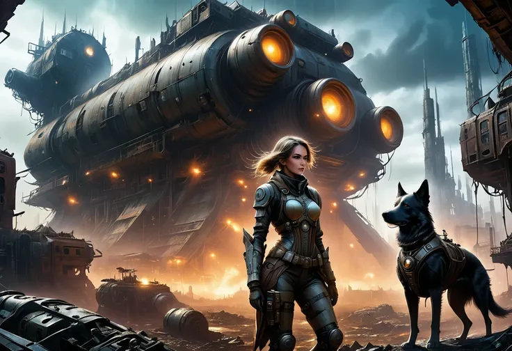 Future cyberpunk mechanical girl wearing a future gas mask and a dog，Travel through a destroyed futuristic city，Silver Mechanical Girl，Mechanical joints，There are many rusty structures in the air,Destroyed large radar，Abandoned space station base， scenic D...