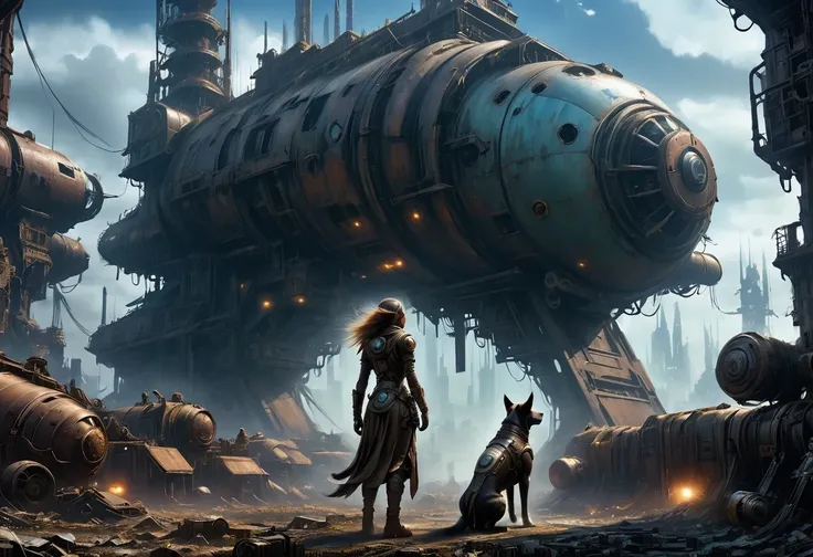 Future cyberpunk mechanical girl wearing a future gas mask and a dog，Travel through a destroyed futuristic city，Silver Mechanical Girl，Mechanical joints，There are many rusty structures in the air,Destroyed large radar，Abandoned space station base， scenic D...