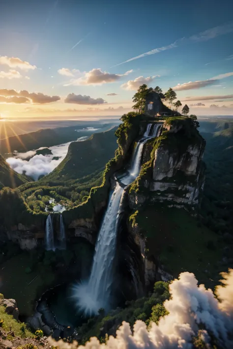 ultra realistic, 4k, ultra detailed, waterfall falling from the sky paradise landscape in the clouds, sunrisedaylight