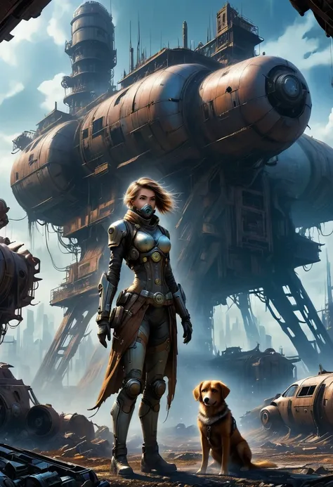 Future cyberpunk mechanical girl wearing a future gas mask and a dog，Travel through a destroyed futuristic city，Silver Mechanical Girl，Mechanical joints，There are many rusty structures in the air,Destroyed large radar，Abandoned space station base， scenic D...