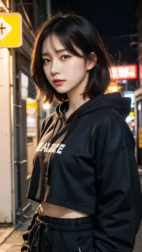 18-year-old,korean women,dancer on the road,(((dirty neon street at night))),(((frowning,カメラをglaring))),(very fine eye), (((wear...