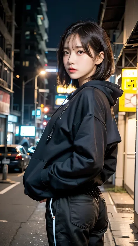 18-year-old,korean women,dancer on the road,(((dirty neon street at night))),(((facing forward))),(((frowning,カメラをglaring))),(ve...