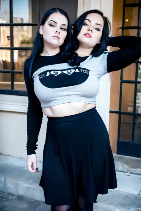 (2heads:1.5), different faces, three headed goth girl, age 19, slightly chubby, black sweater, black skirt, pale skin,