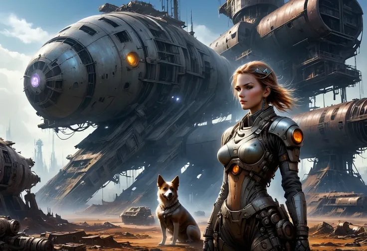 Future doomsday wasteland，Silver Mechanical Girl and a Dog，Mechanical joints，There are many rusty structures in the air,Destroyed large radar，Abandoned space station base，High-tech spaceship，scenic dystopian environment, 