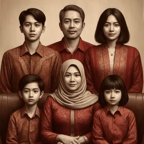 arafed family portrait of a man, woman, and two children, an indonesian family portrait, family portrait, potrait, traditional art, barong family, full protrait, happy family, realism art, classic portrait, by Basuki Abdullah, style of ade santora, inspire...