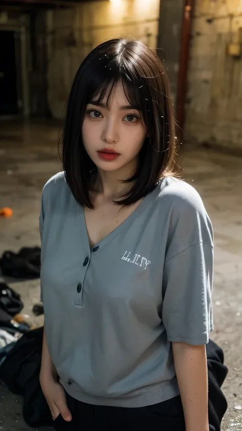 18-year-old,Korean women８k,whole body,Pale skin,,((((I&#39;m in a pitch black concrete basement.)))),(((imprisonment))),(((torture))),(((Frowning,Glaring at the camera))),(Very fine eye),((Tired and unable to move)),(((Wearing soot-stained clothes. The sur...