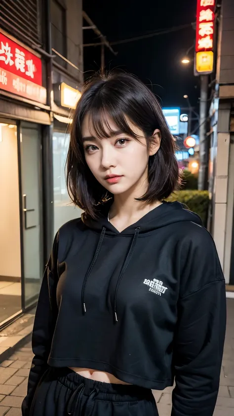 18-year-old,korean women,hands thrust out in front,(((dirty neon street at night))),(((frowning,カメラをglaring))),(very fine eye), ...