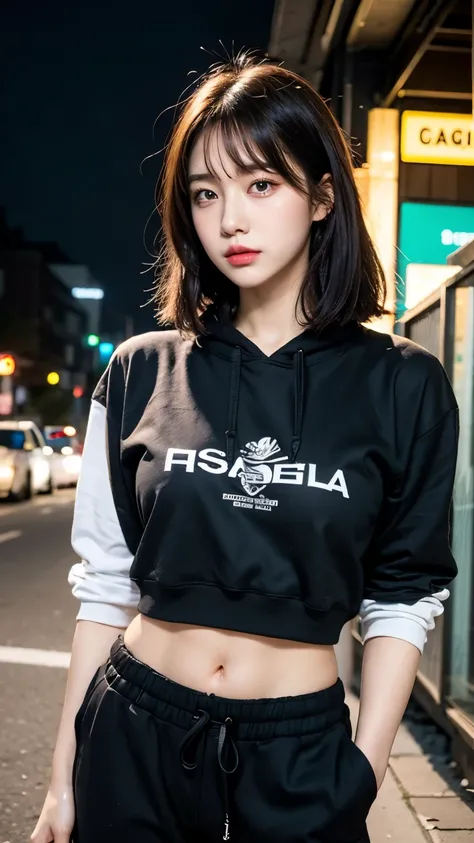 18-year-old,Korean women,Perfect thumbs up,(((Dirty neon street at night))),(((Frowning,カメラをGlaring))),(Very fine eye), (((Wearing a long black hoodie,Wearing baggy pants))),(((Collapsing Building))),(((old buildings))),((photograph)),((A woman near a garb...