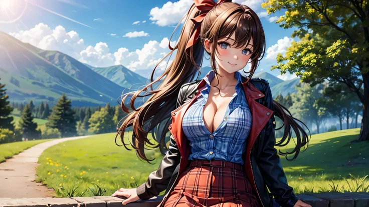 1girl, solo, summer, village, trees, sun, clouds, ((colorful hair)), long hair, curly hair, ponytail, large breasts, button down shirt, ((blue checked shirt)), ((unbuttoned shirt)), unbuttoning buttons, popping buttons, cleavage 1:3, brown eyes, ((opened b...