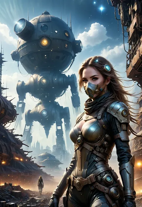 Future cyberpunk mechanical girl wearing a future gas mask walking through the destroyed future city，Silver Mechanical Girl，Mechanical joints，There are many rusty structures in the air,Destroyed large radar，Abandoned space station base， scenic Dystopian en...